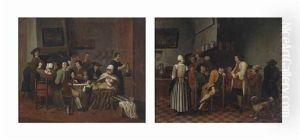 A Merry Company Conversing, Seated At A Laid Table With A Woman Nursing A Baby; And A Merry Company Conversing And Drinking In An Interior by Jan Josef Horemans the Younger