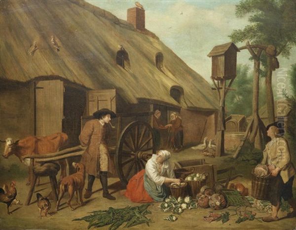 Figures With Baskets Of Vegetables Before A Barn - view 1