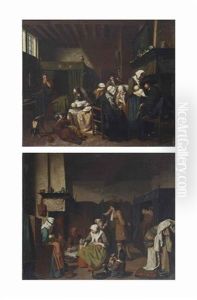 An Interior With Midwifes Nursing Twins And Figures Drinking; And An Interior With Figures Visiting A Mother And Her Two Newborns by Jan Josef Horemans the Younger