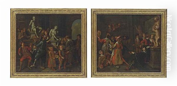 A Masque In A Sculpture Gallery With Revellers Playing A Trumpet, A Tambourine And A Drum; And A Masque In Sculpture Gallery With Revellers Playing A Tambourine And A Hurdy-gurdy (pair) - view 1