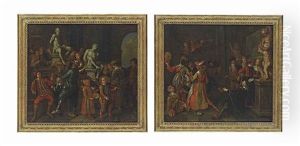 A Masque In A Sculpture Gallery With Revellers Playing A Trumpet, A Tambourine And A Drum; And A Masque In Sculpture Gallery With Revellers Playing A Tambourine And A Hurdy-gurdy (pair) by Jan Josef Horemans the Younger