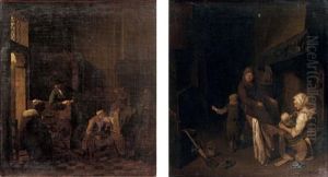L'heure De La Bouillie Et Fileuse Dans Un Interieur (pair) by Jan Josef Horemans the Younger