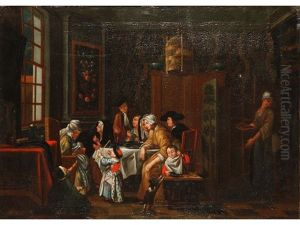 An Interior Scene Of A Family Around A Table An Interior Scene Of A Family Around A Table