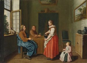 Interieur Mit Zwei Mannern Am Tisch Und Einer Magd, Die Sie Bedient by Jan Josef Horemans the Younger