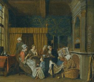 A Family Taking Tea While Celebrating The Birth Of Twins by Jan Josef Horemans the Younger