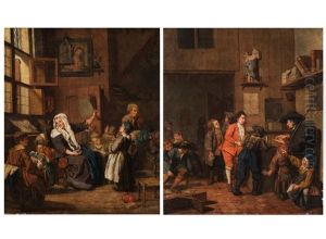 Madchen Mit Lehrerin In Einem Schulraum (+ Knaben Mit Lehrer In Einer Dorfschule; Pair) by Jan Josef Horemans the Younger