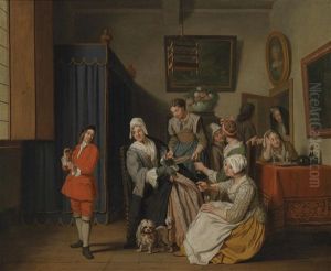 Burgerliches Interieur Mit Zahlreichen Frauen Und Einem Jungen Mann Mit Einem Vogel by Jan Josef Horemans the Younger
