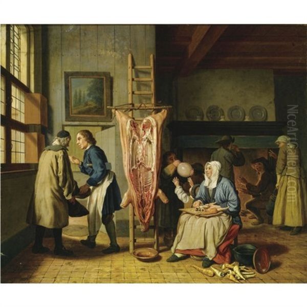 Interior Of A Butcher's Home, With A Slaughtered Pig, A Woman Cleaning Carrots, A Little Boy Blowing On The Bladder, And Figures Near A Fireplace - view 1