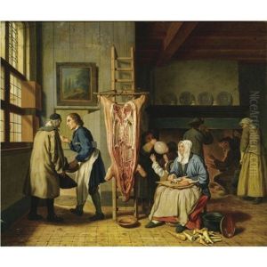 Interior Of A Butcher's Home, With A Slaughtered Pig, A Woman Cleaning Carrots, A Little Boy Blowing On The Bladder, And Figures Near A Fireplace
