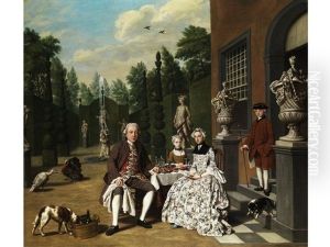 Adelige Familie Auf Der Terrasse Vor Dem Schloss Am Gedeckten Tisch by Jan Josef Horemans the Younger