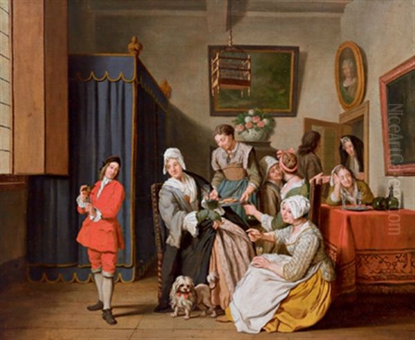 Burgerliches Interieur Mit Zahlreichen Frauen Und Einem Jungling Mit Einem Vogel - view 1
