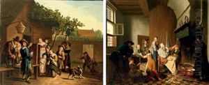 A Village Scene With A Puppeteer (+ A Domestic Interior With A Boy Being Scolded For Breaking A Plate; Pair) by Jan Josef Horemans the Younger
