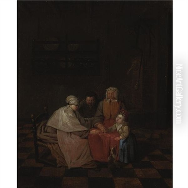 A Family And Their Dog In An Interior - view 1