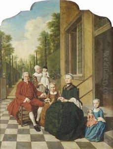 A Group Portrait Of A Gentleman And His Wife With Their Two Daughters And A Maid Holding An Infant In A Courtyard, A View To An Avenue Of Trees Beyond