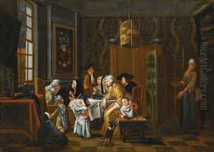An Interior Scene With A Family Seated Around A Table by Jan Josef Horemans the Younger