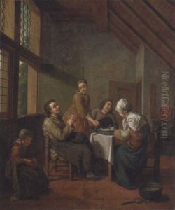 A Kitchen Interior With A Family At A Meal by Jan Josef Horemans the Younger