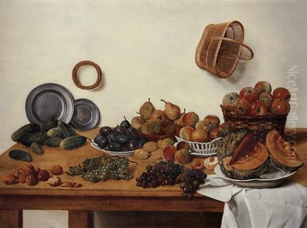A Sliced Melon, Apples, Pears, Plums, Gherkins By Two Pewter Plates, With Nuts And Black And White Grapes By A White Cloth On A Table With A Wicker Basket Hanging From A Wall - view 1