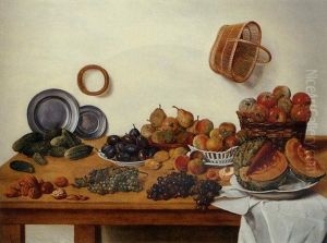 A Sliced Melon, Apples, Pears, Plums, Gherkins By Two Pewter Plates, Nuts And Black And White Grapes By A White Cloth On A Table With A Wicker Basket Hanging From A Wall by Jan Josef Horemans the Younger