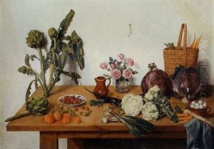 Cauliflower, Onion, Peaches, Cherries, Artichokes, Roses In A Glass Vase, A Jug, A Basket With Carrots, Cabbages And Eggs With A Blue Cloth On A Table by Jan Josef Horemans the Younger
