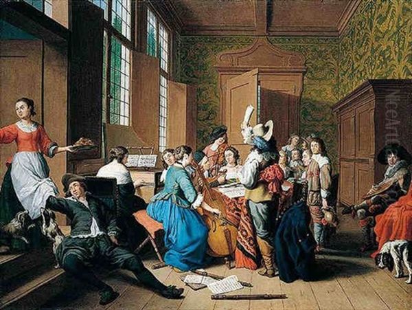 Elegant Figures In Seventeenth Century Costume Playing Music In An Interior - view 1