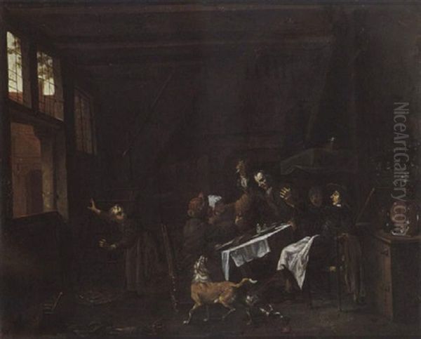 A Kitchen Interor With Figures Brawling At A Table Together With A Dog - view 1