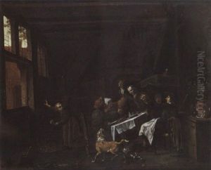 A Kitchen Interor With Figures Brawling At A Table Together With A Dog A Kitchen Interor With Figures Brawling At A Table Together With A Dog