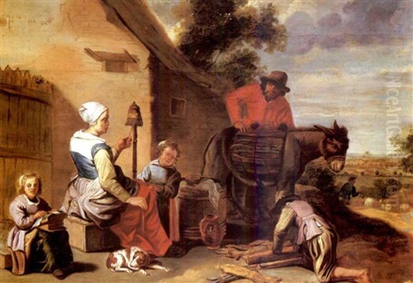 A Peasant Family At Work Outside Their Cottage, A Landscape Beyond - view 1