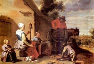 A Peasant Family At Work Outside Their Cottage, A Landscape Beyond by Jan Josef Horemans the Younger