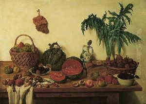 A Kitchen Still Life With Apples And Pears In Baskets, Plums, Blackberries, Melons, Mushrooms, Peaches, Celery And Objects On A Wooden Table