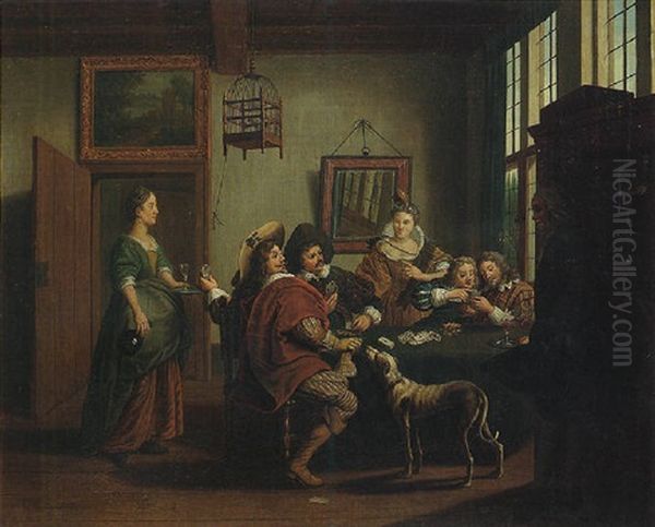 An Interior With Elegant Figures Playing Cards - view 1
