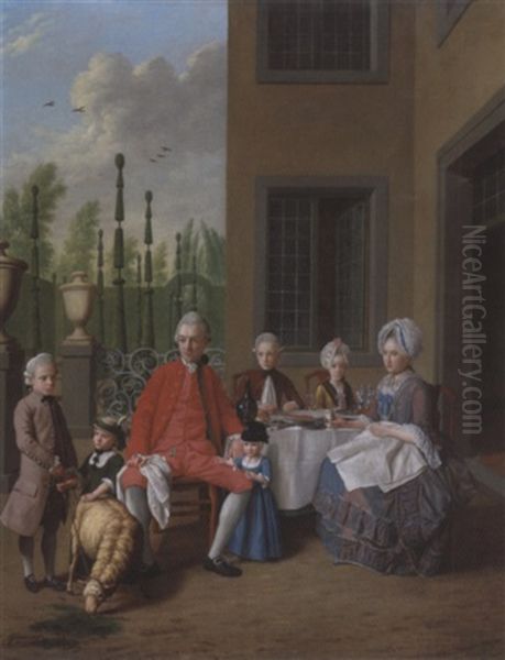 Portrait Of The Van Den Bosch Family, Dining By A House, A Topiary Garden Beyond - view 1