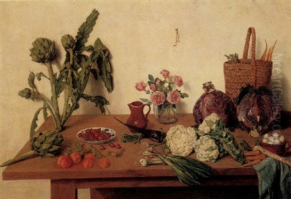 A Kitchen Still Life With Various Vegetables, Roses In A Glass Vase, Cherries In A Porcelain Bowl, All On A Wooden Table - view 1
