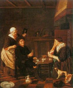 Two People Playing Cards And Another Holding Up A Mirror by Jan Josef Horemans the Younger