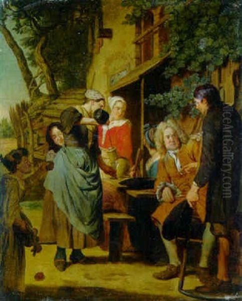 A Maid Pouring Wine For Viallagers Outside An Inn - view 1
