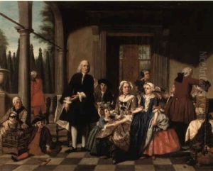 Portrait Of A Family Dining On A Portico, A Formal Garden Beyond