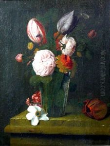 Blumenstillleben Mit Tulpen, Pfingstrosen Und Einer Fliege In Einer Glasvase by Pieter Jacob Horemans