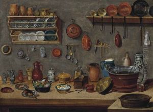 A Loaf Of Bread, Jugs, Vegetables In A Pot And Copper Pans On A Table, With Plates, Pans And Other Utensils On The Wall by Pieter Jacob Horemans