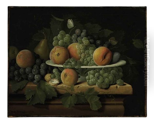 Peaches, Grapes And A Pear In A Ceramic Dish On A Stone Ledge With A Pear, Walnuts, Butterflies And A Fly - view 1