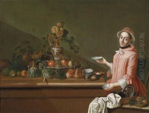 Eine Dame (+ Ein Herr An Reich Gedeckten Tischen; Pair) by Pieter Jacob Horemans