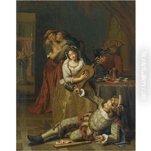 A Merry Company In An Interior With A Drinking Jester Laying On The Ground, A Woman Playing The Guitar, And An Amorous Couple Beyond by Pieter Jacob Horemans
