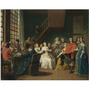 A Domestic Interior With Elegant Figures Taking Tea Before Others Performing A Play by Pieter Jacob Horemans