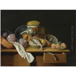 A Kitchen Still Life With Cabbages In A Pewter Pot, A Cauliflower On A Pewter Plate, A Chicken And A Pear In A Bowl, Peaches And Grapes In A Bowl, All On A Wooden Table by Pieter Jacob Horemans