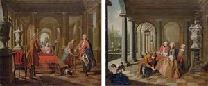 An Elegant Couple Playing Tric-trac In A Loggia (+ An Elegant Couple Taking Tea In A Loggia; Pair) by Pieter Jacob Horemans