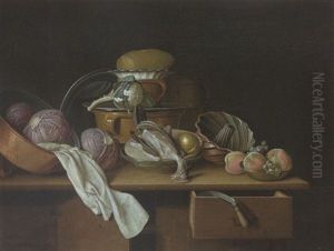A Kitchen Still Life With Cabbages And A Cauliflower In Pewter Pots, A Chicken And A Pear In A Bowl And Peaches And Grapes In A Bowl, All On A Wooden Table by Pieter Jacob Horemans