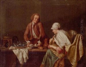 Kucheninterieur, Am Tisch Sitzend Stillende Mutter