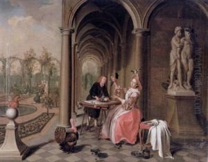 The Colonnade Of A Country House With A Lady Seated Beside A Statue Being Served A Dish Of Fruit by Pieter Jacob Horemans