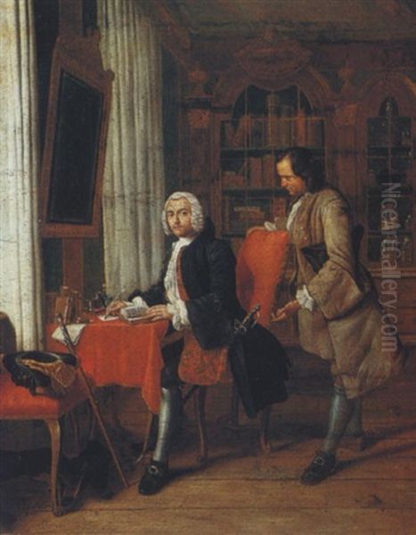 Two Gentlemen In A Library, One Seated At A Desk Writing - view 1