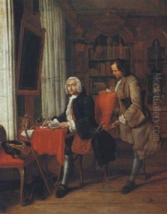 Two Gentlemen In A Library, One Seated At A Desk Writing by Pieter Jacob Horemans