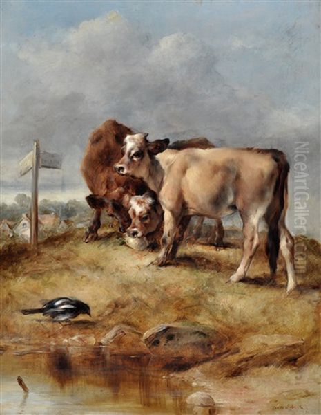 Three Calves By A Signpost On The Road To Dorking - view 1