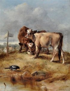 Three Calves By A Signpost On The Road To Dorking by George William Horlor